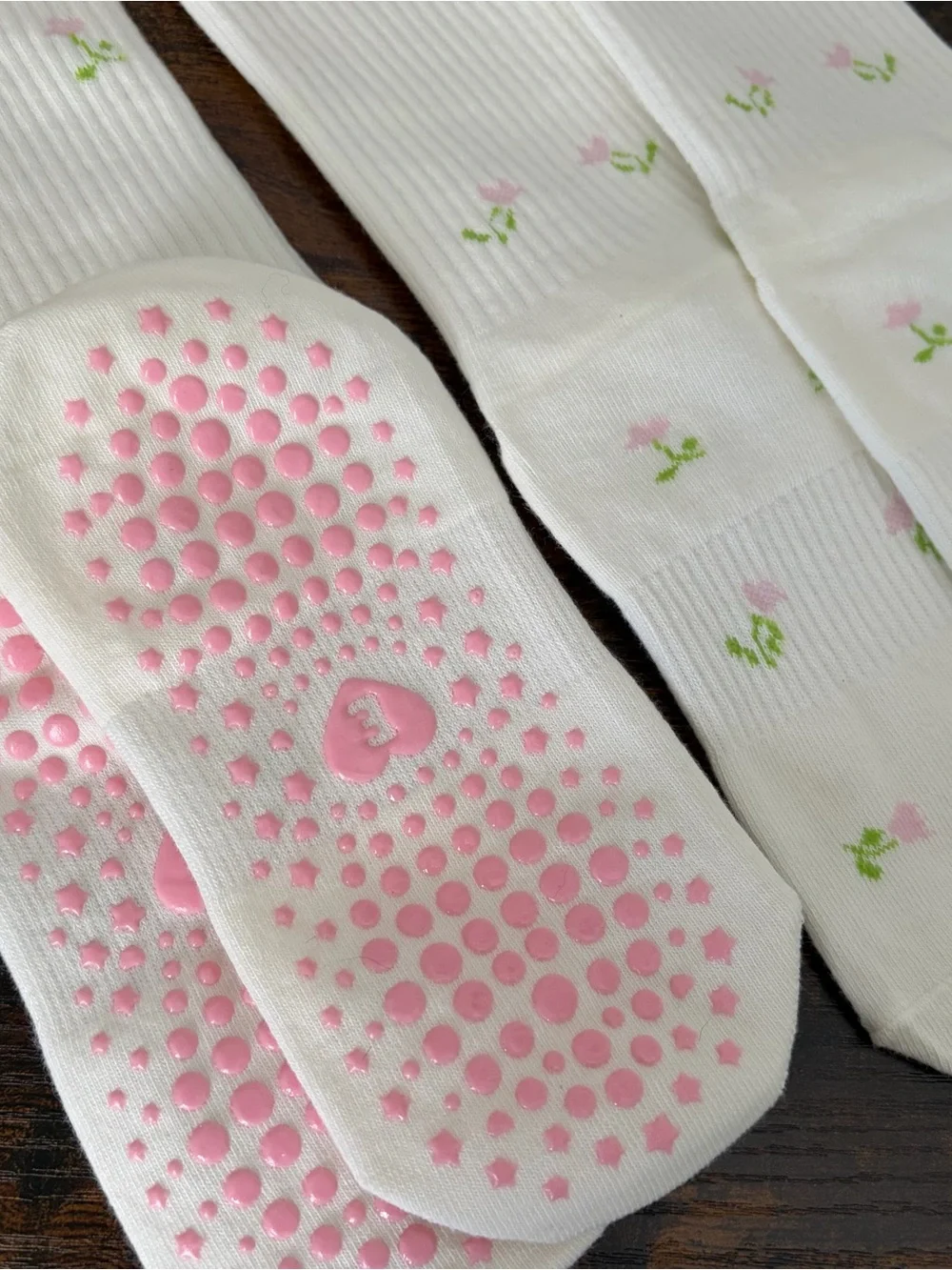 White Grip Socks with Pink Floral Trim